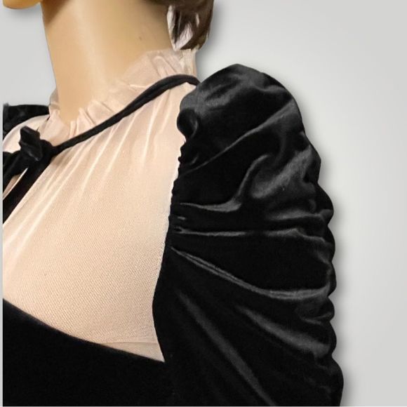 Chelsea & Violet Black Velvet Empire Waist Nude Mesh Hi Neck Ruched Sleeve - Picture 6 of 9